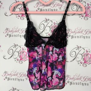 Bcbg tank top crop floral mesh black pink purple white logo straps sexy cute
